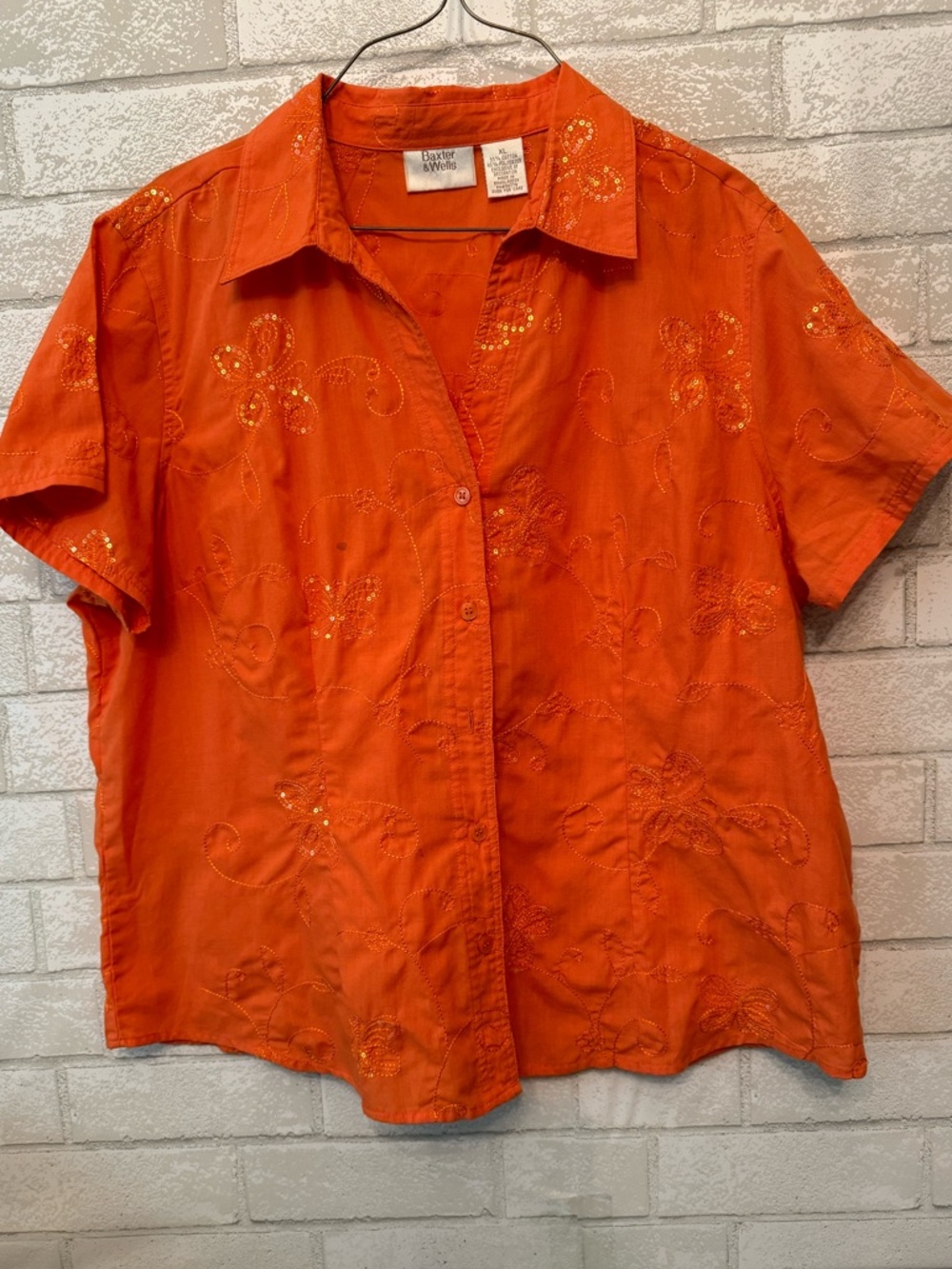 Bright Orange Embroidered Button-Up Shirt